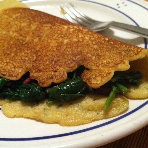 So excited to finally find a #glutenfree, #eggfree pancake recipe! Made w/Bob's Red Mill Fava/Garbanzo flour, EVOO, water, seasonings. Via Crazy, Sexy Kitchen cookbook. Yum!