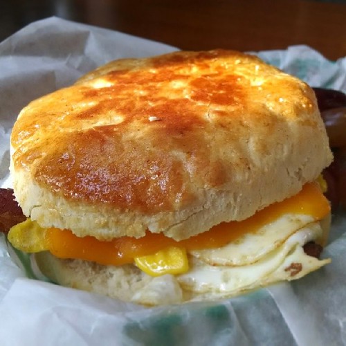 Buttermilk biscuit sandwich (bacon, eggs, cheese) from the awesome but virtually hidden White Water Snacks at Disney's Grand Californian hotel. That biscuit is sexy, no?