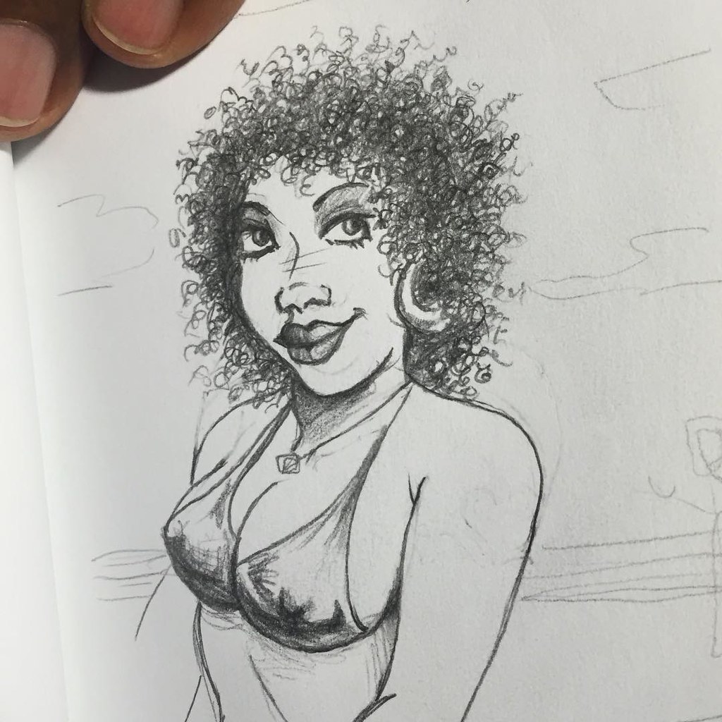 Looking at the post of this drawing I realized the shoulders were all wrong. I've fixed them. Better, yes? #pencil #bikini #california #venicebeach #bike #naturalhair #woman #cartoon #illustration #sketch #sexy #mistakes corrected