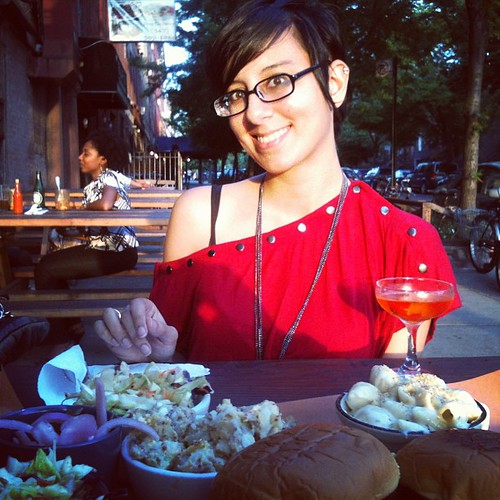 #beautiful #woman sharing #BBQ in #parkslope #brooklyn. #glasses #pretty #brisket #drinks #sexy