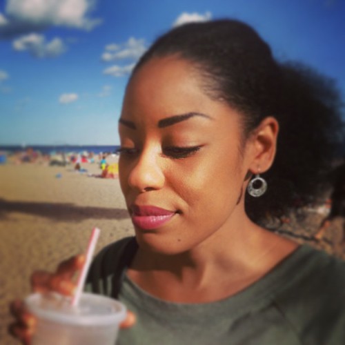 Adia having a piña colada on the beach at Coney Island. #beautiful #sexy #africanamerican #coneyisland #beach #summer #drink #cocktail #lips #face #pretty #hair #woman